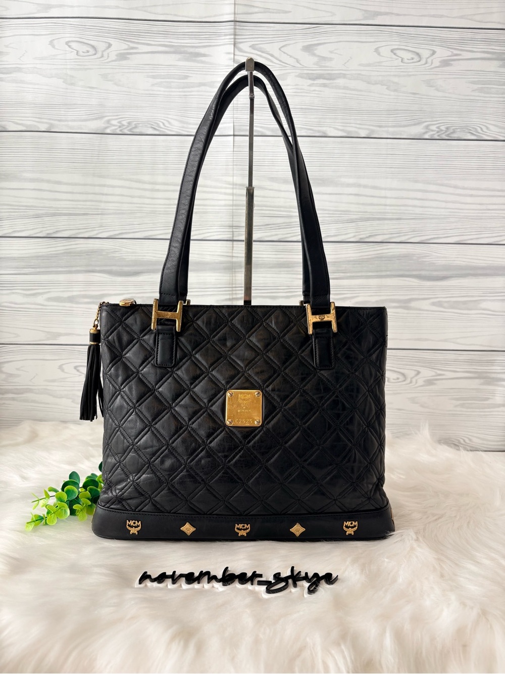 MCM Quilted Black Leather Tote with Gold Hardware
